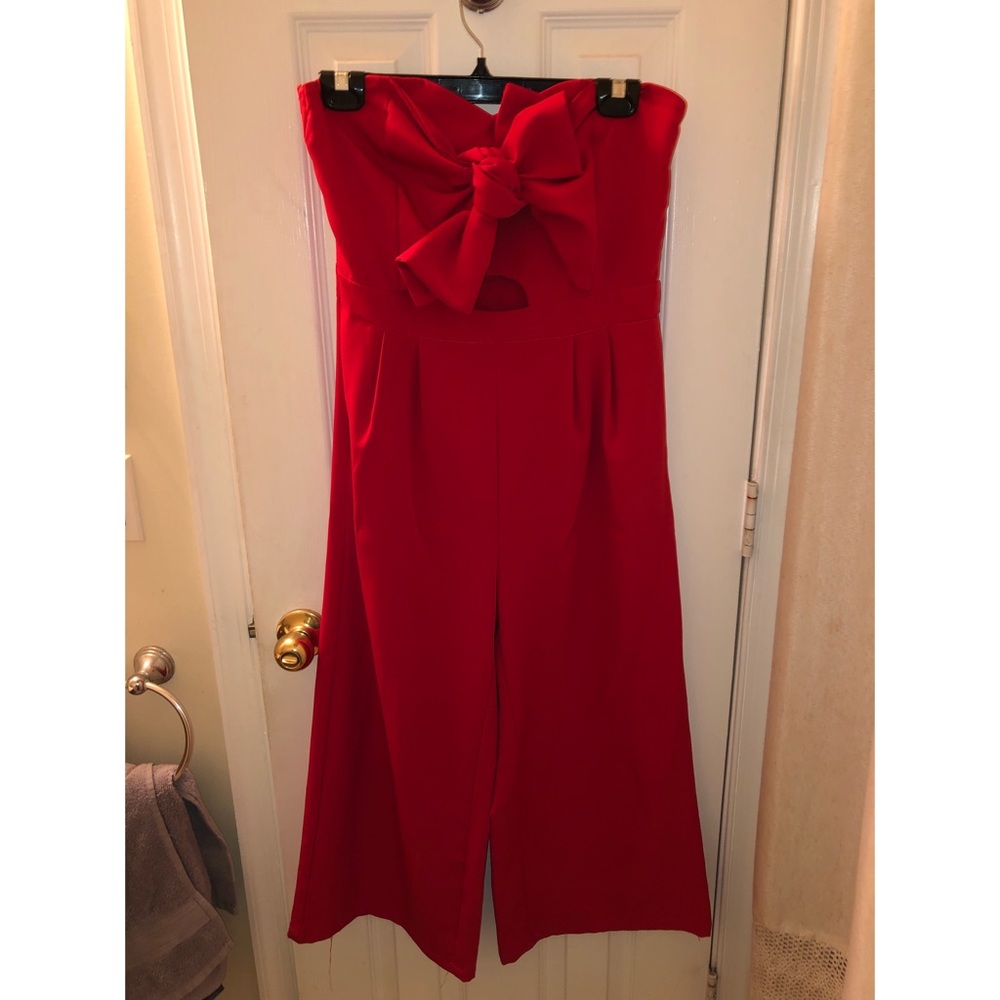 Red front bow strapless jumpsuit